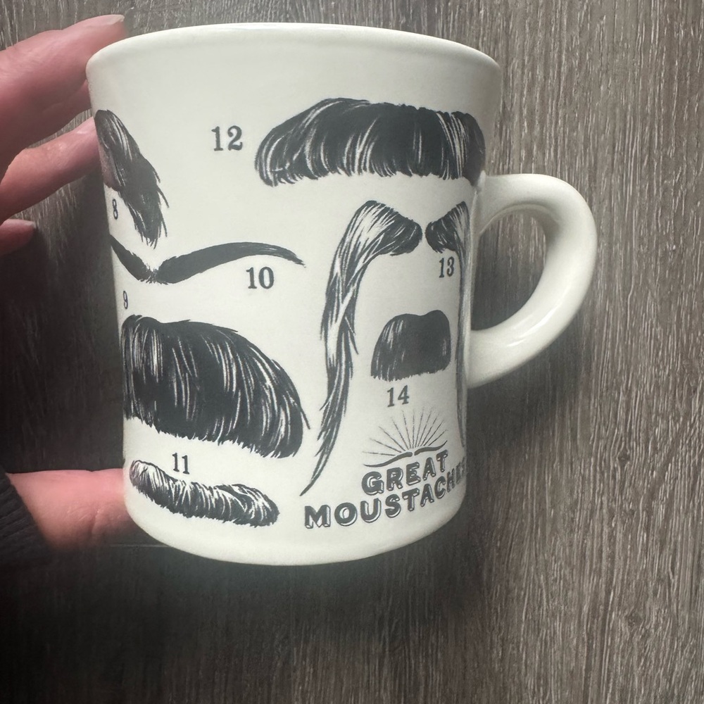 White Mug with Black Moustache Designs